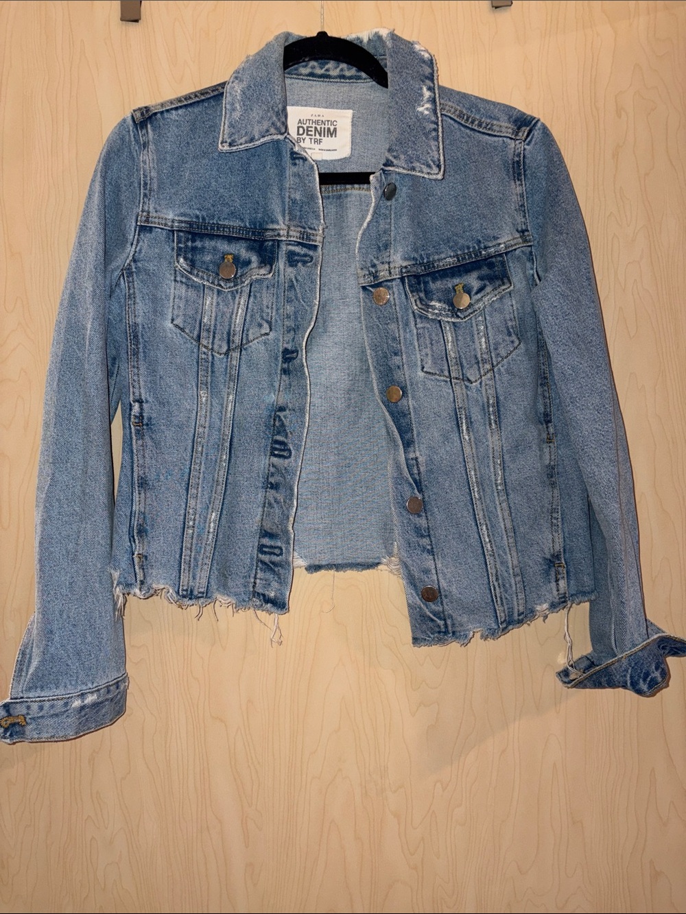 Zara Light Blue Distressed Raw-Hem Denim Jacket